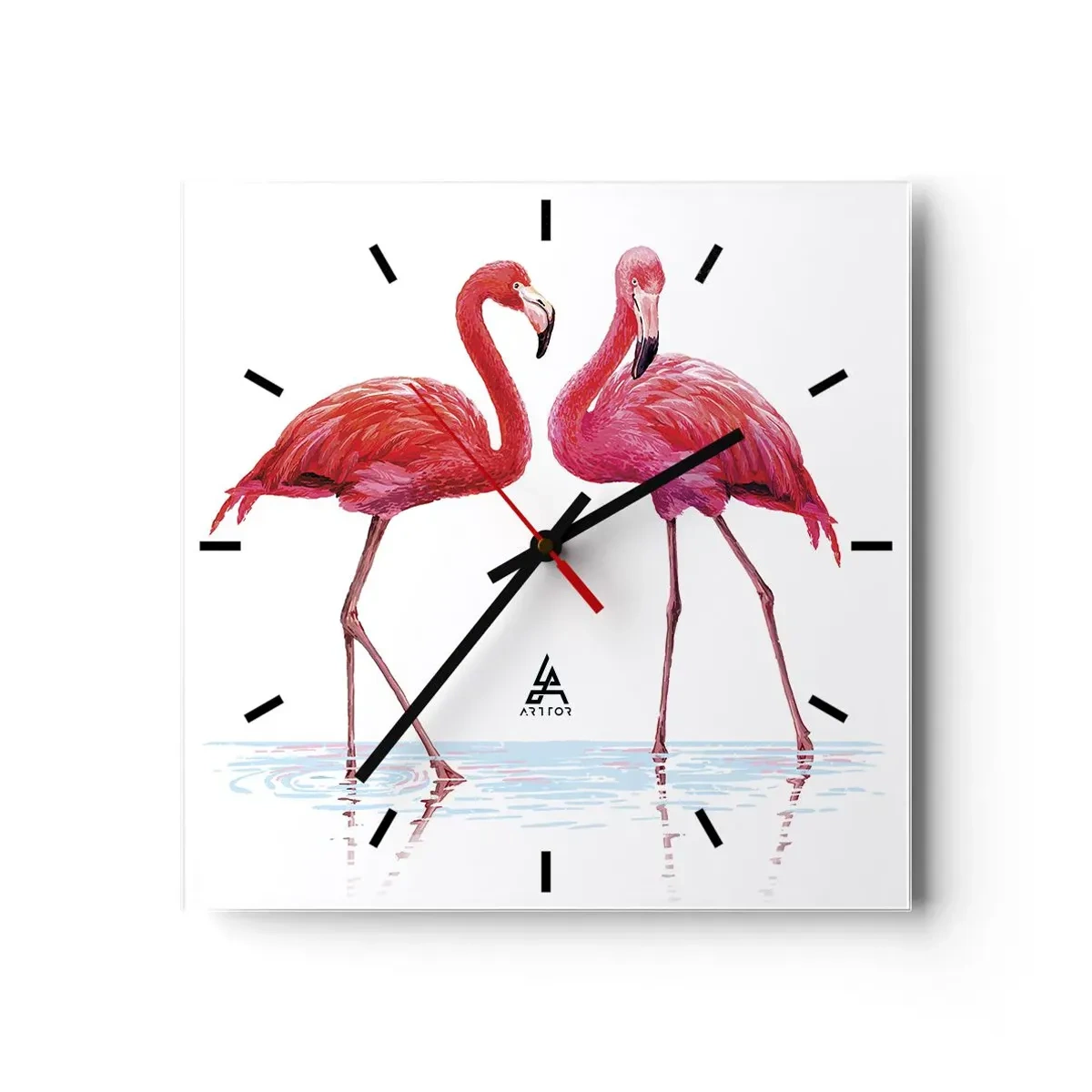 Reloj de pared - Reloj de vidrio - Una pareja de flamencos en el agua contra un fondo claro. - 30x30cm - Cita rosada - Decoración de pared moderna para salón y dormitorio ARTTOR