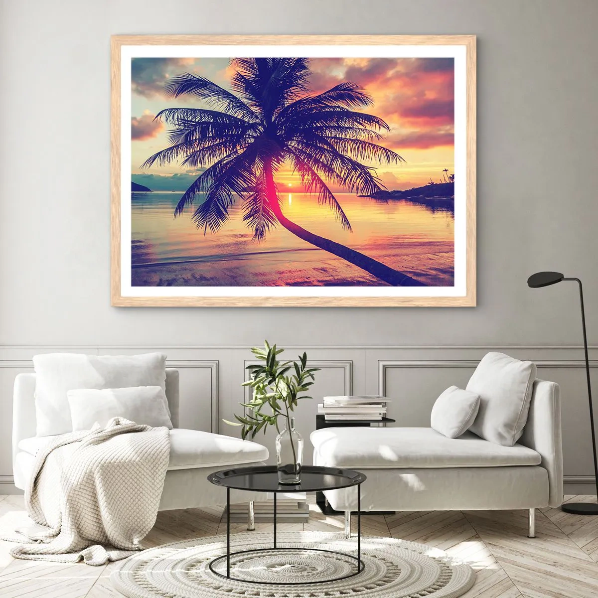 Póster en marco roble claro - Atardecer bajo las palmeras - 100x70 cm