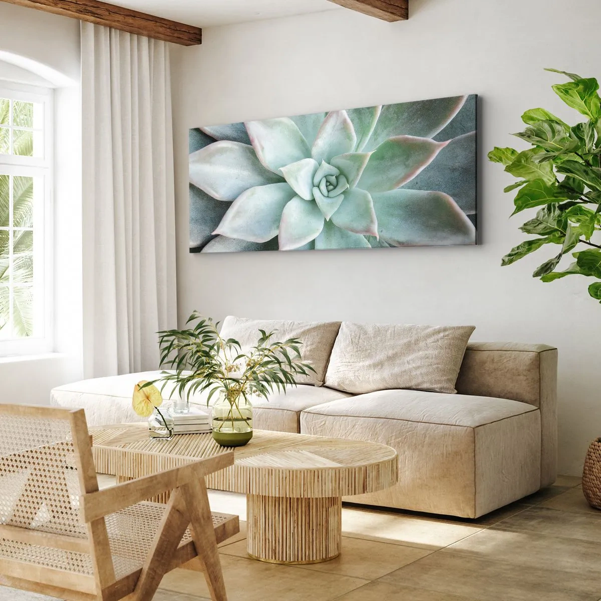 Cuadro sobre lienzo - Impresión de Imagen - Primer plano de una suculenta verde - 120x50cm - El corazón del desierto - Decoración de pared moderna para salón y dormitorio ARTTOR