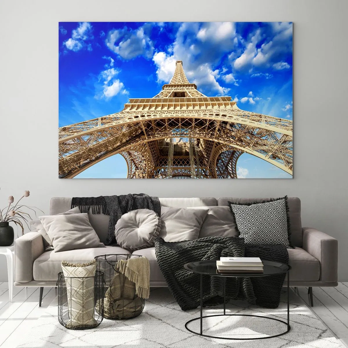 Cuadro sobre vidrio - Impresiones sobre Vidrio - La Torre Eiffel vista desde arriba contra el cielo - 100x70cm - Alcanzando el cielo y las nubes - Decoración de pared moderna para salón y dormitorio ARTTOR
