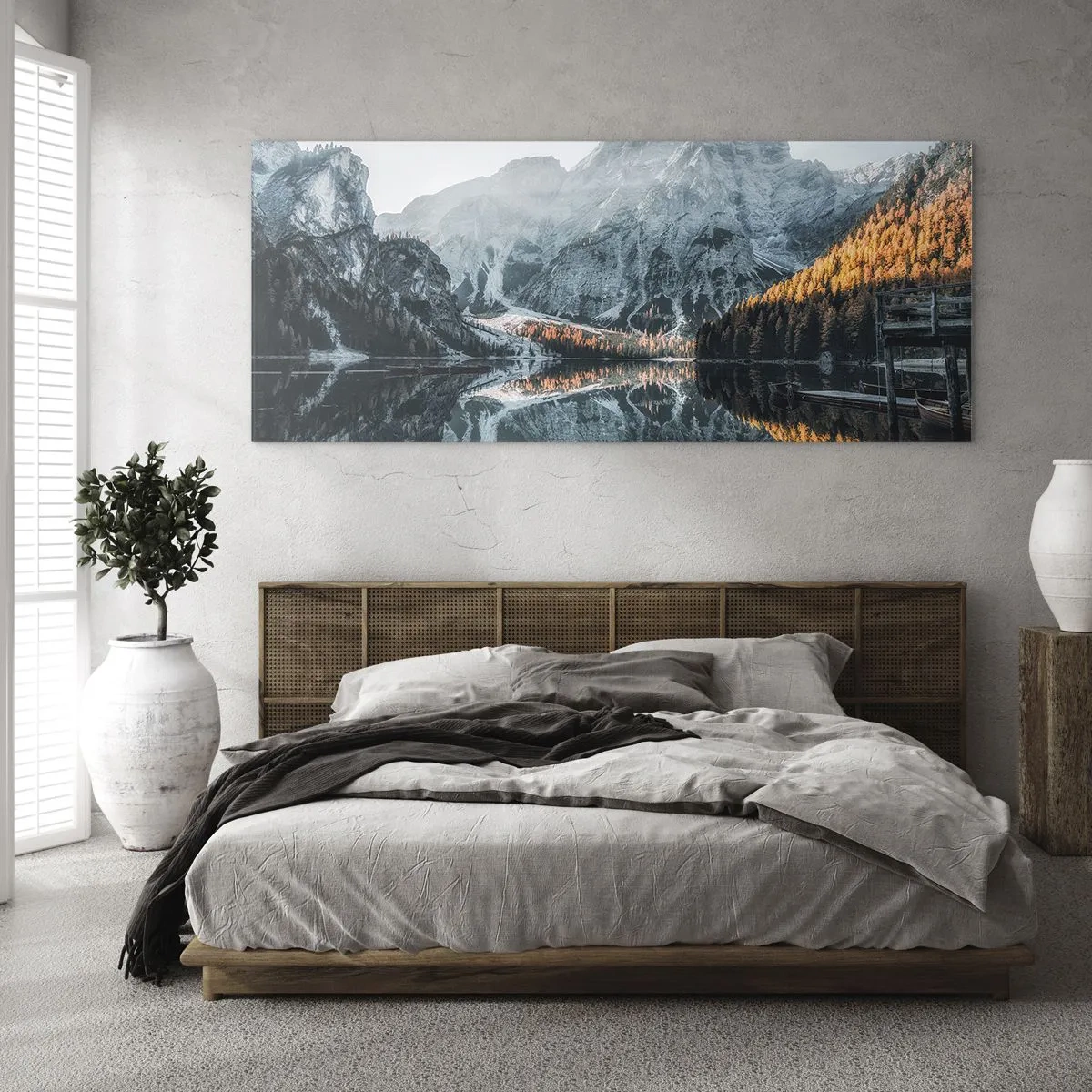 Cuadro sobre vidrio - Impresiones sobre Vidrio - Un paisaje de montaña reflejado en la tranquila superficie de un lago. - 120x50cm - Paisaje en el espejo - Decoración de pared moderna para salón y dormitorio ARTTOR