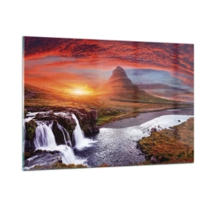 Cuadro sobre vidrio - Impresiones sobre Vidrio - Paisaje de montaña con cascada y puesta de sol - 120x80cm - Una vista de la Tierra Media - Decoración de pared moderna para salón y dormitorio ARTTOR