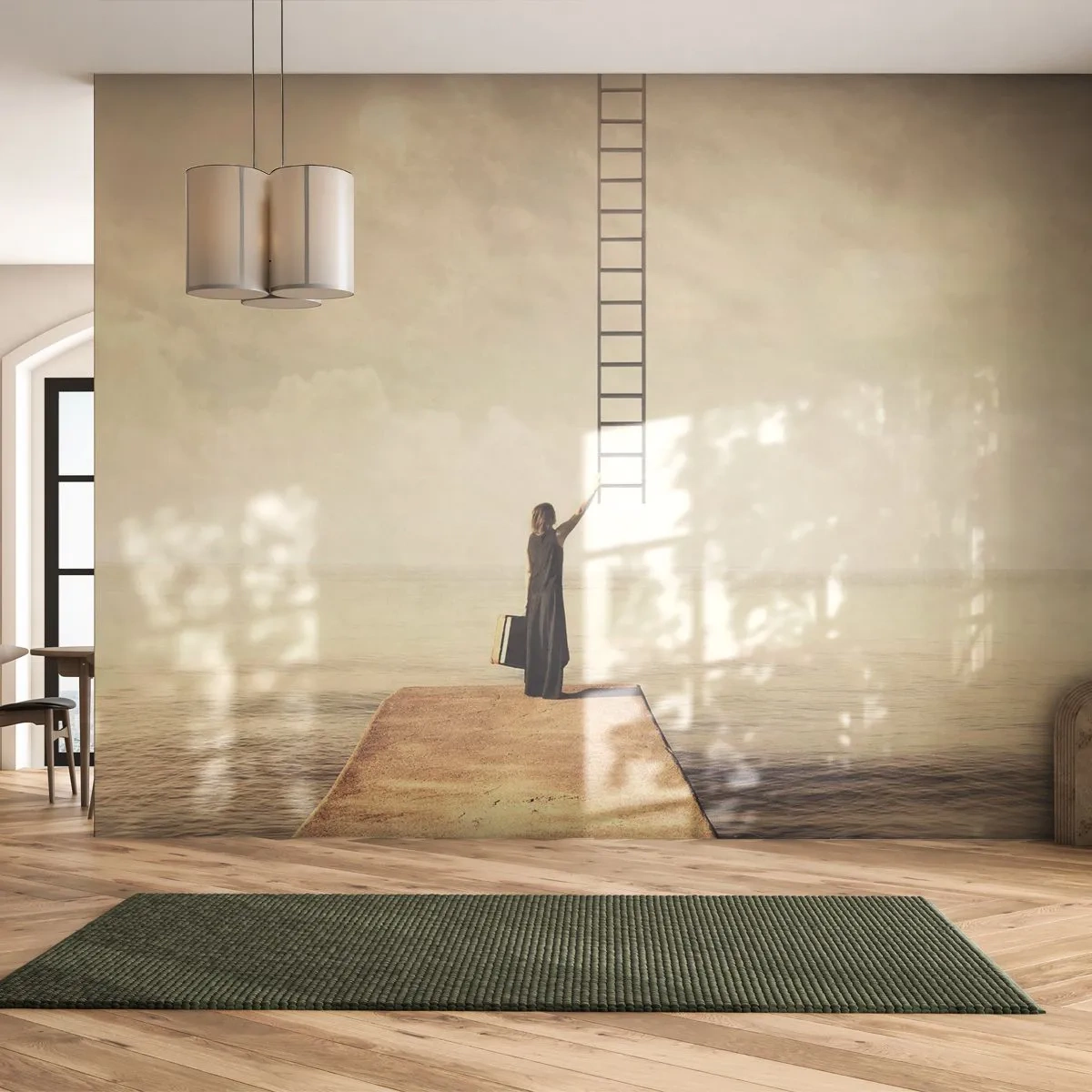 Fotomural Premium Sand - Una mujer en un embarcadero tratando de alcanzar una escalera. - 100x70cm - Un viaje mágico - Decoración de pared moderna para salón y dormitorio ARTTOR