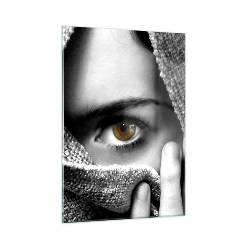 Cuadro sobre vidrio - Impresiones sobre Vidrio - Un ojo oculto tras una textura de tela monocromática. - 50x70cm - Conoce el misterio - Decoración de pared moderna para salón y dormitorio ARTTOR