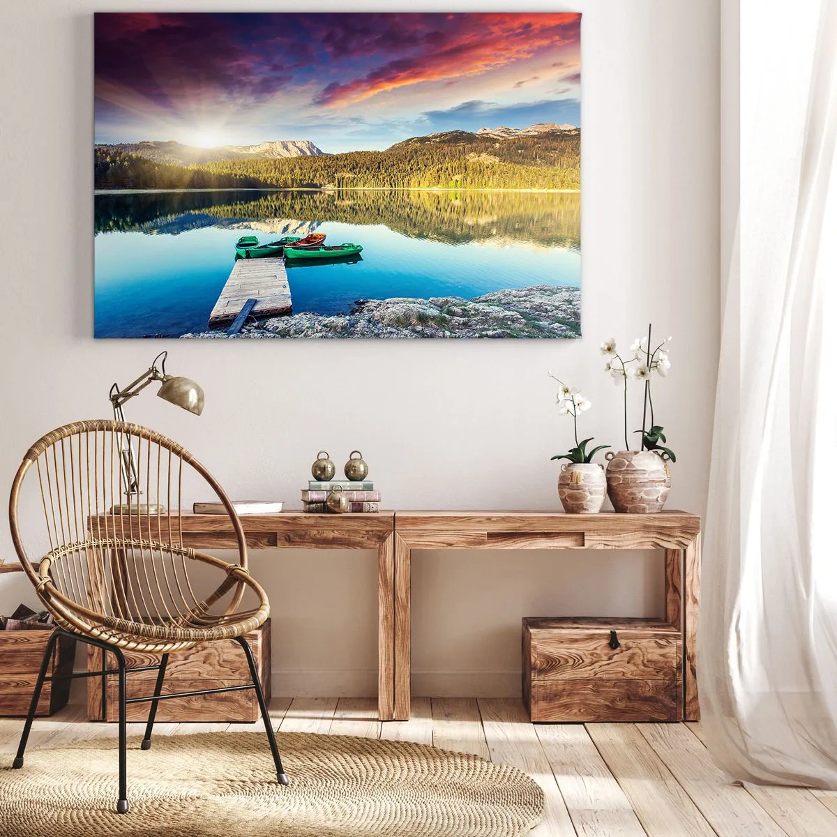 Cuadro sobre lienzo - Impresión de Imagen - Puesta de sol sobre el lago con barcos en el muelle - 70x50cm - Sobre el agua tan suave como un espejo - Decoración de pared moderna para salón y dormitorio ARTTOR