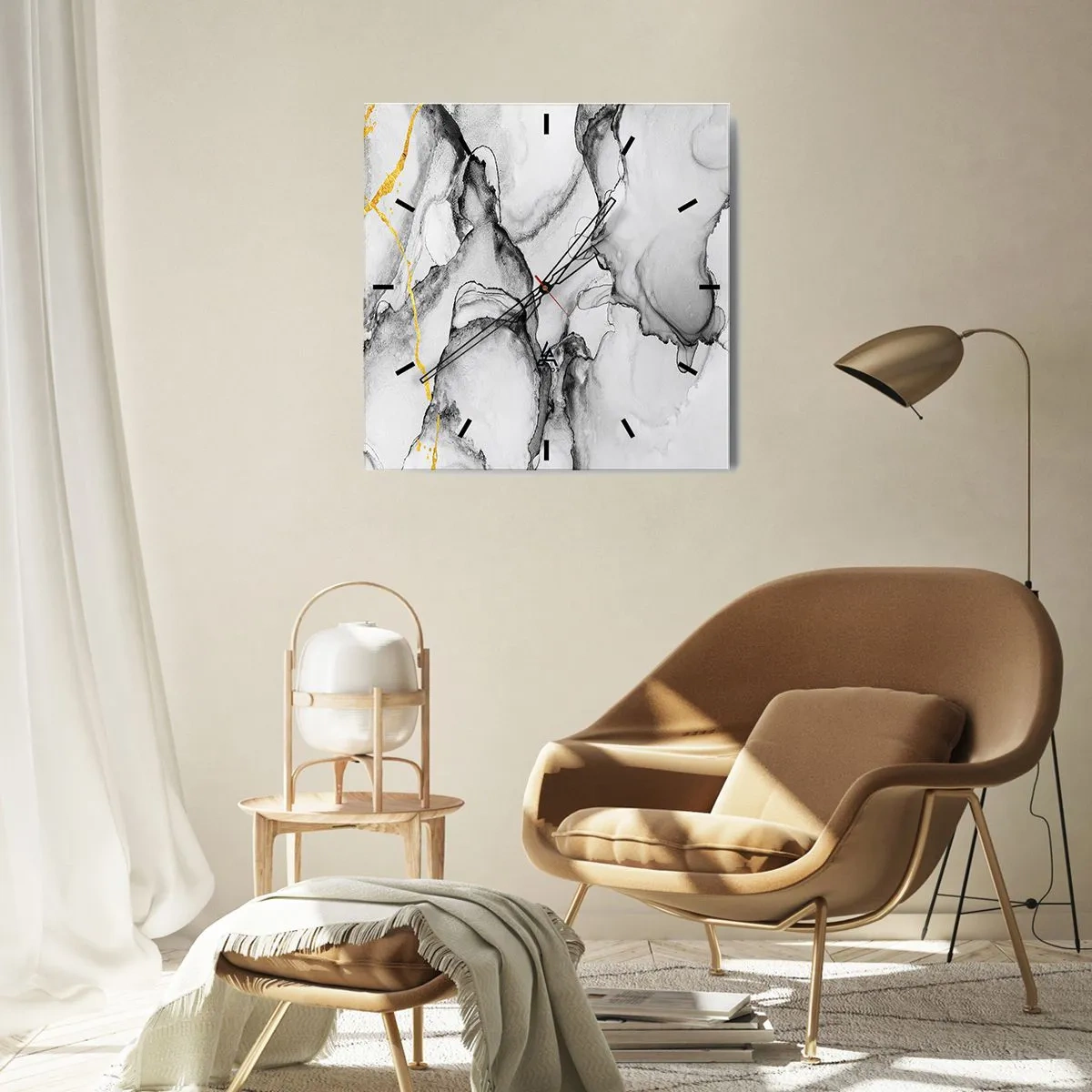 Reloj de pared - Reloj de vidrio - Patrones abstractos en blanco y negro con acentos dorados - 30x30cm - Composición con motivo de oro - Decoración de pared moderna para salón y dormitorio ARTTOR