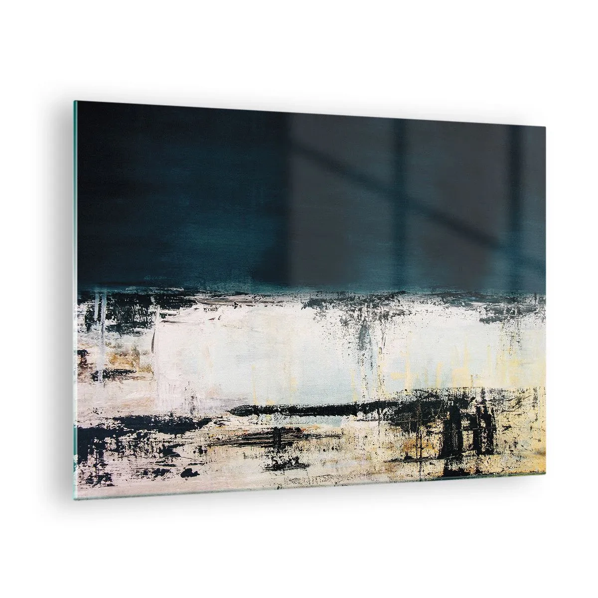 Cuadro sobre vidrio - Impresiones sobre Vidrio - Paisaje abstracto en tonos azul marino y blanco. - 70x50cm - Composición horizontal - Decoración de pared moderna para salón y dormitorio ARTTOR