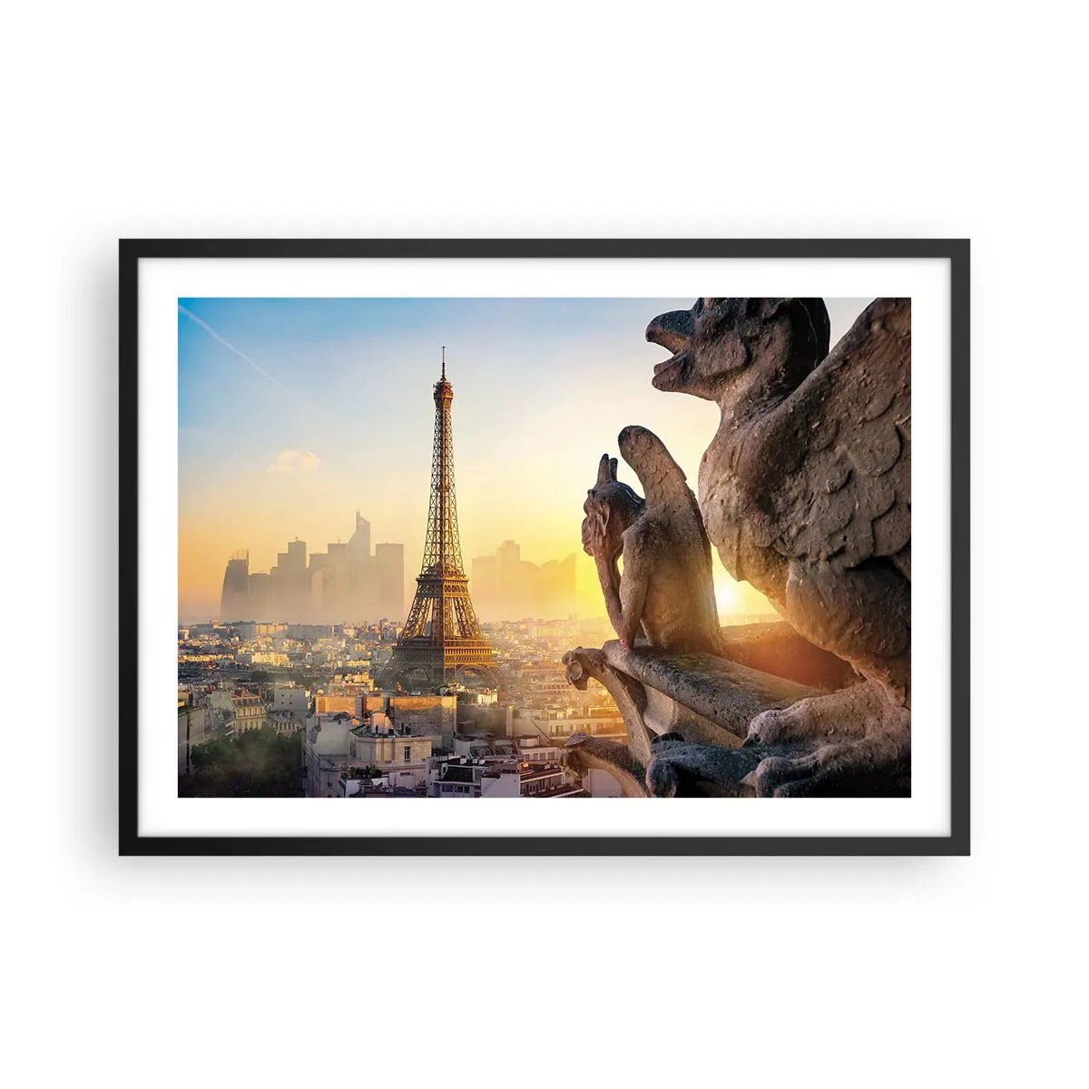 Póster en marco negro - Vista de la Torre Eiffel con gárgolas al fondo - 70x50cm - Ha cambiado tanto la ciudad... - Decoración de pared moderna para salón y dormitorio ARTTOR