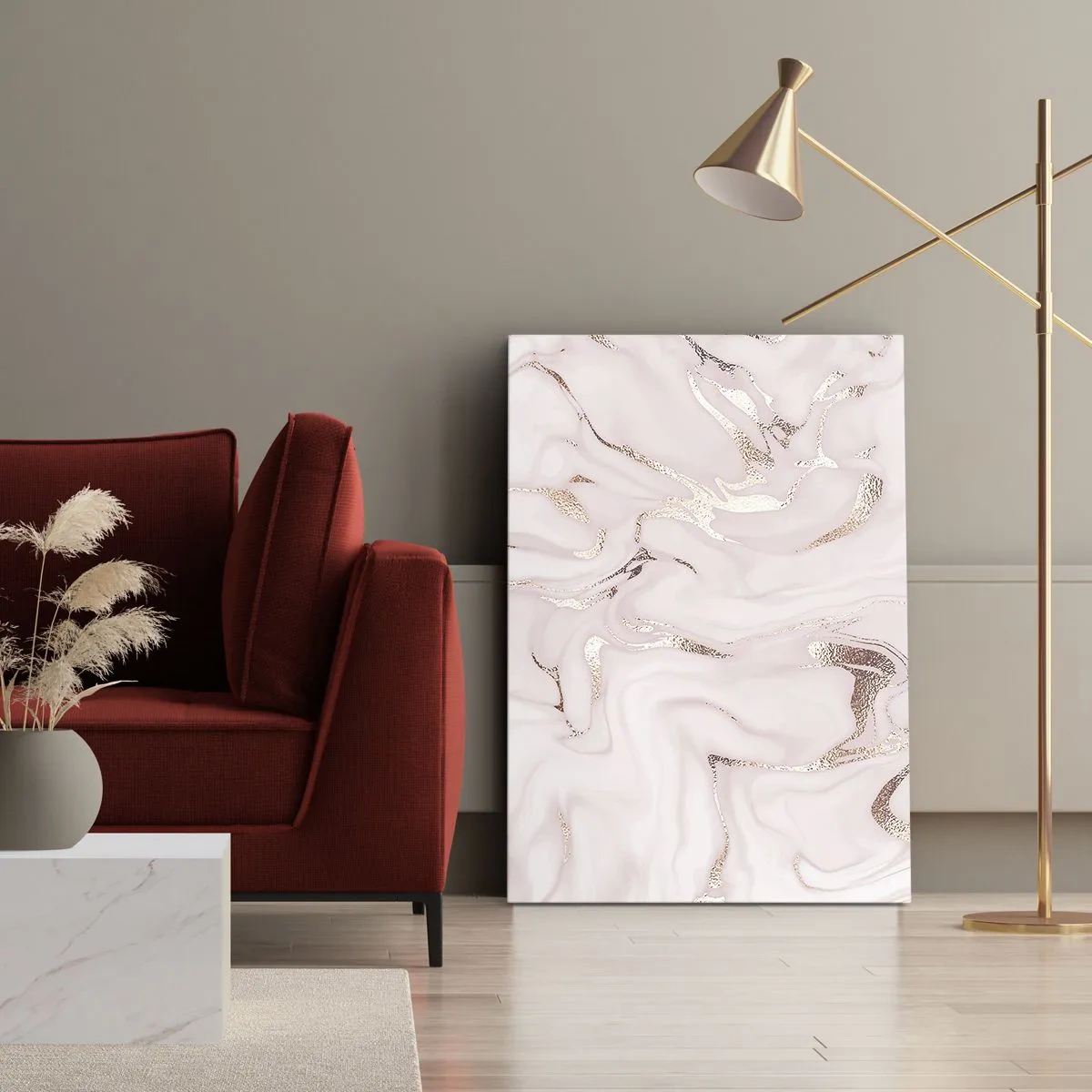 Cuadro sobre lienzo - Impresión de Imagen - Elegante abstracción en tonos rosa y dorado. - 50x70cm - En rosa - Decoración de pared moderna para salón y dormitorio ARTTOR