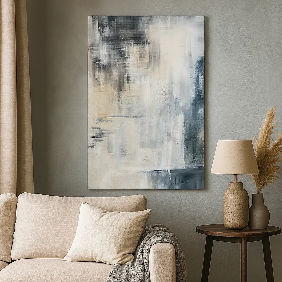 Cuadro sobre lienzo - Impresión de Imagen - Composición abstracta en tonos azules y grises. - 50x70cm - Detrás de un velo azul - Decoración de pared moderna para salón y dormitorio ARTTOR