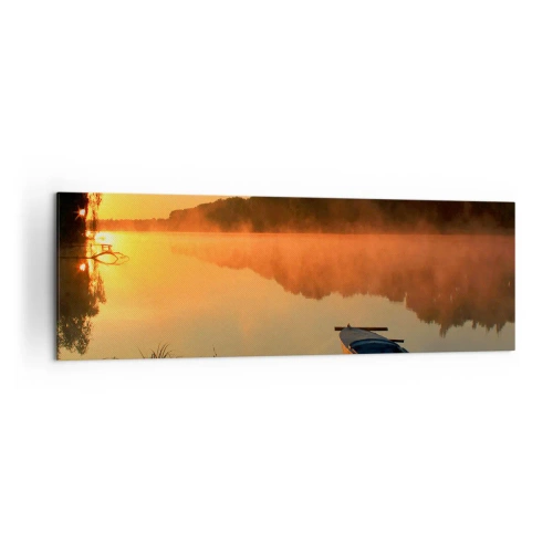 Cuadro sobre lienzo - Impresión de Imagen - Niebla matutina sobre el río con un barco bajo los rayos del sol. - 160x50cm - Amanecer sobre el agua como la superficie de un espejo - Decoración de pared moderna para salón y dormitorio ARTTOR
