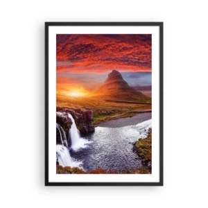 Póster en marco negro - La montaña y la cascada iluminadas por los rayos del sol poniente. - 50x70cm - Una vista de la Tierra Media - Decoración de pared moderna para salón y dormitorio ARTTOR