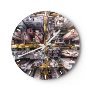 Reloj de pared - Reloj de vidrio - Vista aérea de la ciudad iluminada por la noche. - 30x30cm - Saludos desde Hong Kong - Decoración de pared moderna para salón, cocina y dormitorio ARTTOR