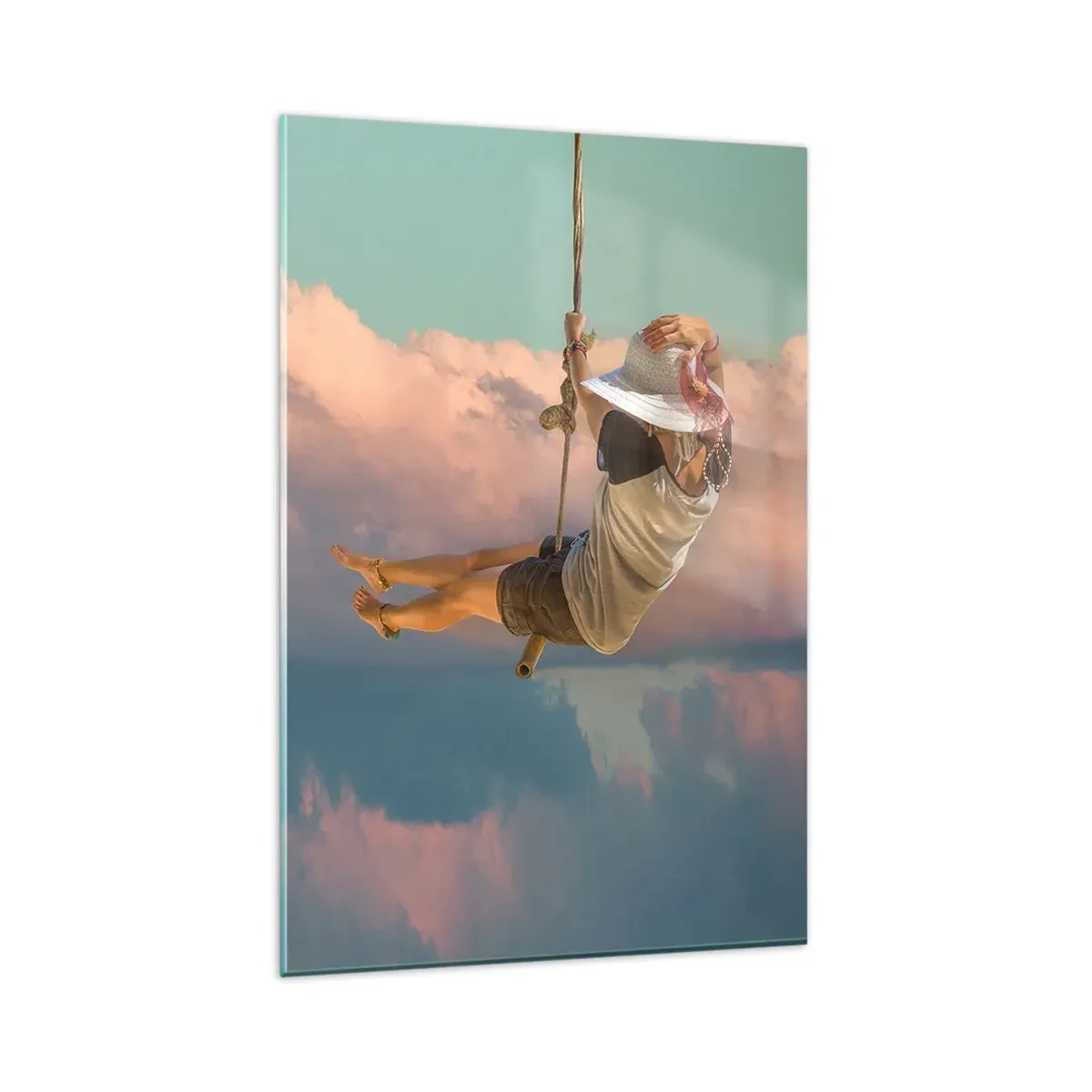 Cuadro sobre vidrio - Impresiones sobre Vidrio - Mujer en un columpio entre nubes rosas - 80x120cm - Jugando en las nubes - Decoración de pared moderna para salón y dormitorio ARTTOR