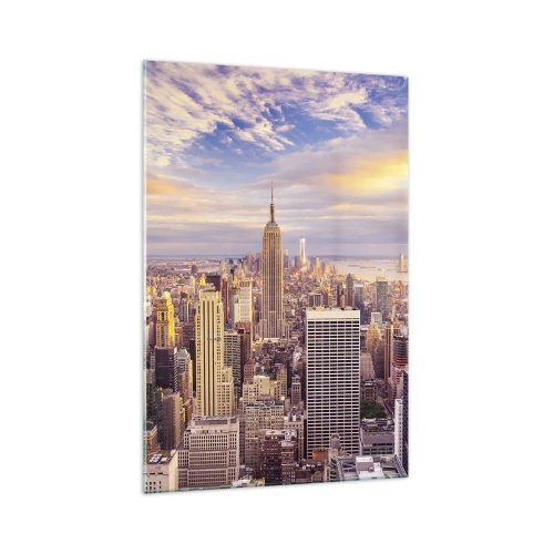 Cuadro sobre vidrio - Impresiones sobre Vidrio - Panorama de una ciudad moderna con rascacielos al atardecer - 70x100cm - Alcanzar las nubes - Decoración de pared moderna para salón y dormitorio ARTTOR