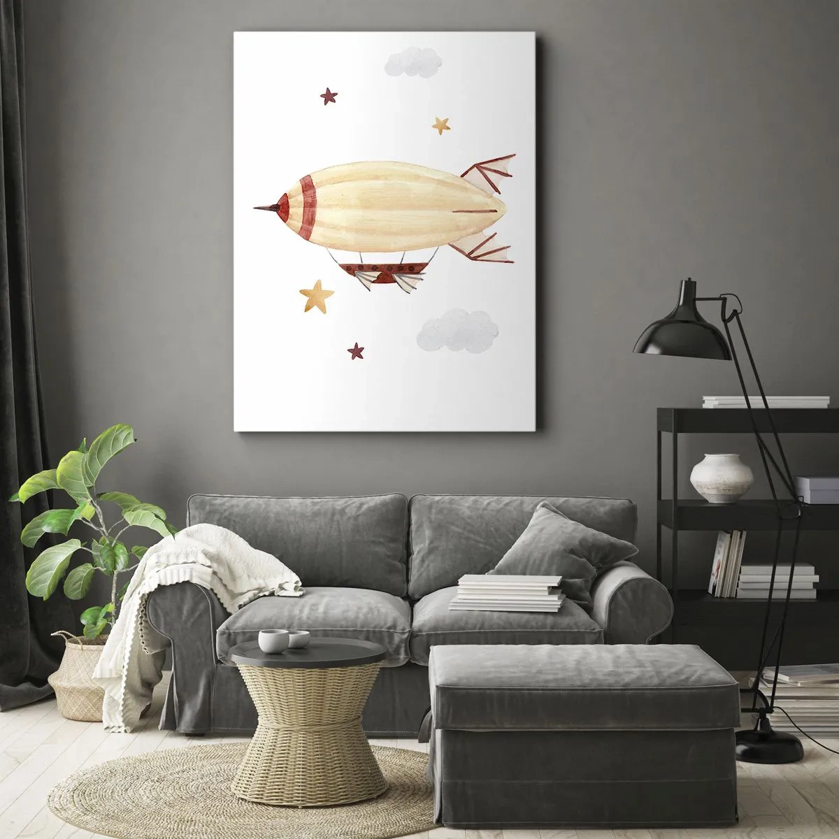 Cuadro sobre lienzo - Impresión de Imagen - Un dirigible pintado a mano con un fondo de estrellas. - 50x70cm - Dirigible - Decoración de pared moderna para salón y dormitorio ARTTOR