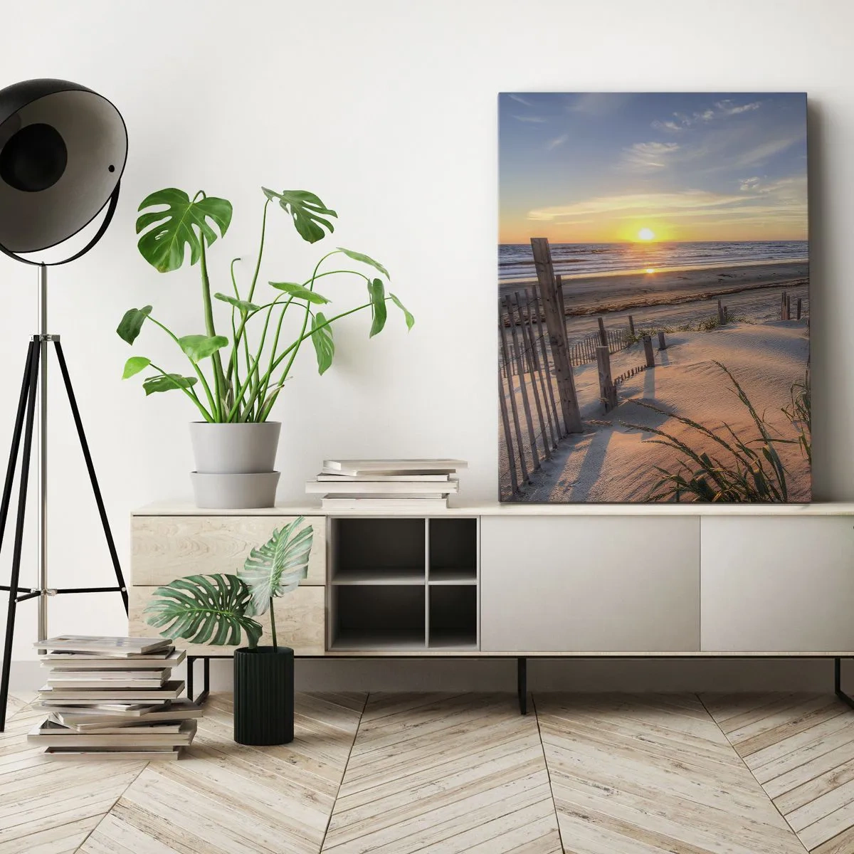 Cuadro sobre lienzo - Impresión de Imagen - Playa al atardecer con valla de madera - 80x120cm - El resplandor y la sombra del viento - Decoración de pared moderna para salón y dormitorio ARTTOR