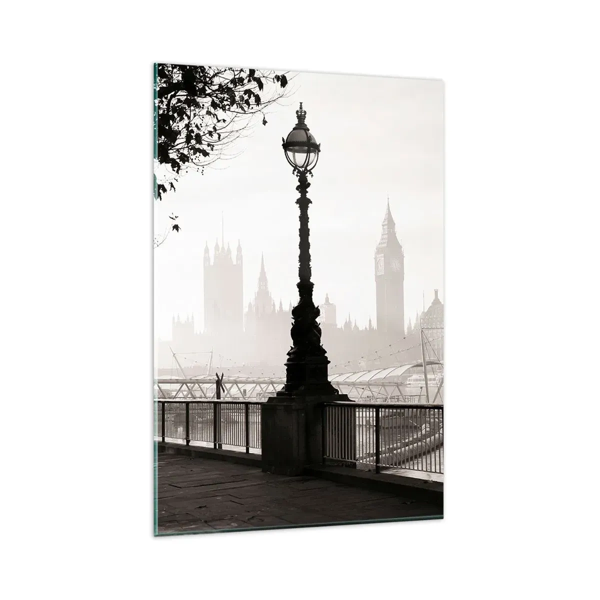 Cuadro sobre vidrio - Impresiones sobre Vidrio - Una vista monocromática del Big Ben y el Támesis. - 80x120cm - La mañana de Londres - Decoración de pared moderna para salón y dormitorio ARTTOR