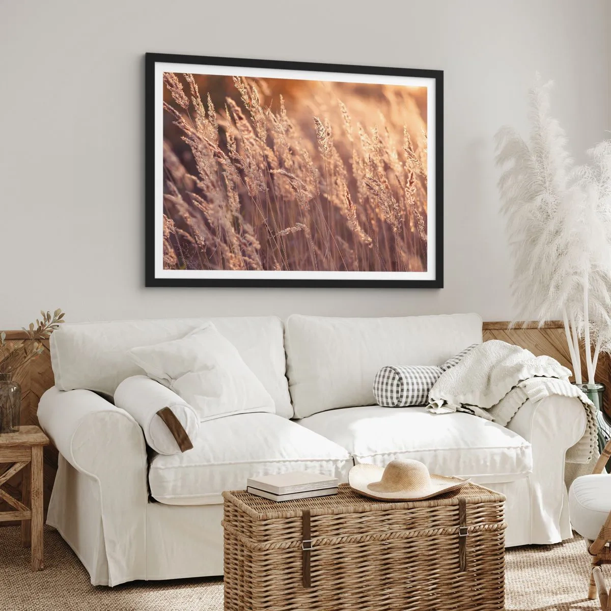 Póster en marco negro - Hierbas doradas con el sol poniente como telón de fondo - 70x50cm - Listos para dar la bienvenida al otoño - Decoración de pared moderna para salón y dormitorio ARTTOR