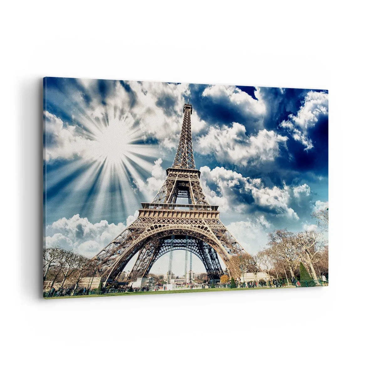 Cuadro sobre lienzo - Impresión de Imagen - La Torre Eiffel contra un cielo soleado con nubes. - 100x70cm - Única bajo el sol - Decoración de pared moderna para salón y dormitorio ARTTOR