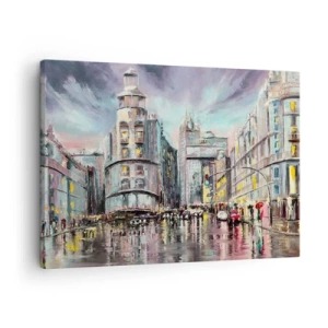 Cuadro sobre lienzo - Impresión de Imagen - Vista nocturna de la ciudad con reflejos en la calle mojada. - 70x50cm - Va a ser una buena noche - Decoración de pared moderna para salón y dormitorio ARTTOR