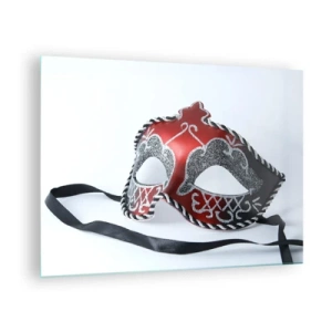 Cuadro sobre vidrio - Impresiones sobre Vidrio - Máscara de carnaval en rojo y plata. - 70x50cm - Invitación al baile - Decoración de pared moderna para salón y dormitorio ARTTOR