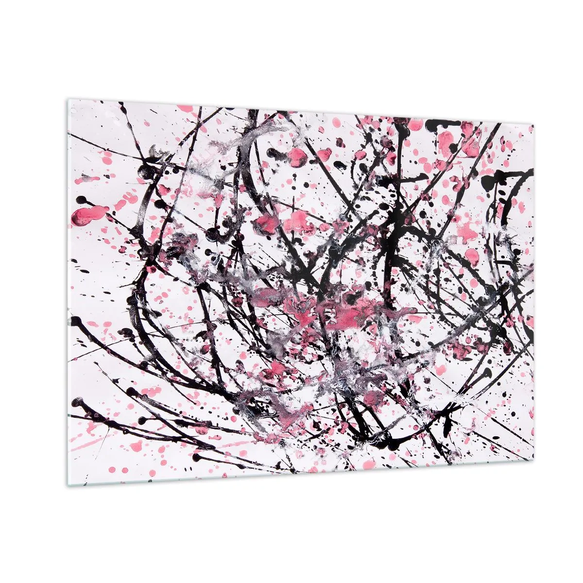 Cuadro sobre vidrio - Impresiones sobre Vidrio - Líneas abstractas dinámicas y manchas rosas sobre un fondo blanco - 100x70cm - La fugacidad de la vida - Decoración de pared moderna para salón y dormitorio ARTTOR