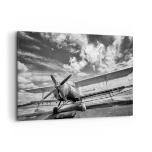 Cuadro sobre lienzo - Impresión de Imagen - Un avión antiguo en el aeropuerto en blanco y negro. - 100x70cm - No puedo esperar - Decoración de pared moderna para salón y dormitorio ARTTOR