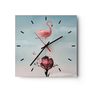 Reloj de pared - Reloj de vidrio - Un flamenco rosado balanceándose sobre una bola de flores. - 30x30cm - Alegoría del baloncesto - Decoración de pared moderna para salón y dormitorio ARTTOR