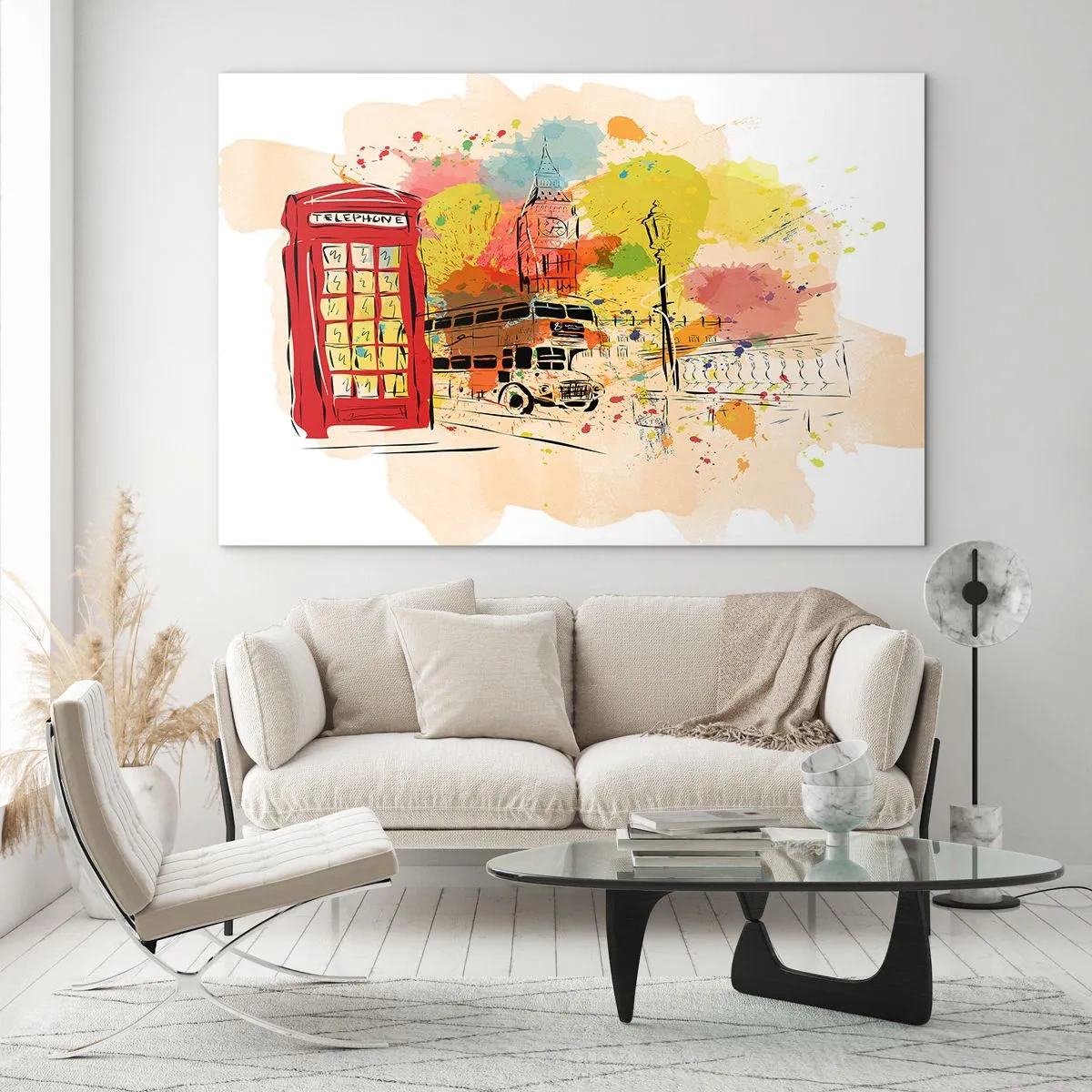 Cuadro sobre vidrio - Impresiones sobre Vidrio - Una cabina telefónica roja, un autobús de dos pisos y el Big Ben - 100x70cm - Una ciudad de la diversidad - Decoración de pared moderna para salón y dormitorio ARTTOR