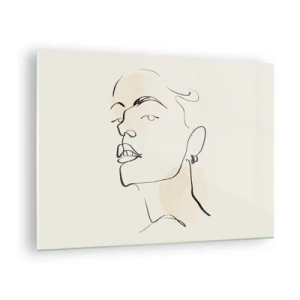 Cuadro sobre vidrio - Impresiones sobre Vidrio - Retrato de una mujer en líneas minimalistas sobre un fondo claro. - 70x50cm - Una mirada orgullosa - Decoración de pared moderna para salón y dormitorio ARTTOR
