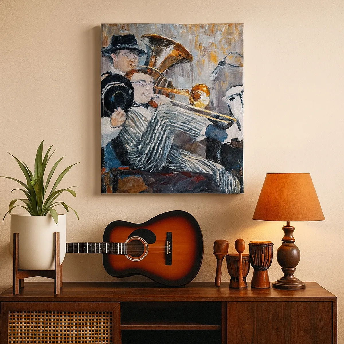 Cuadro sobre lienzo - Impresión de Imagen - Músicos de jazz en estilo pictórico durante un concierto. - 50x70cm - Todo ese jazz - Decoración de pared moderna para salón y dormitorio ARTTOR