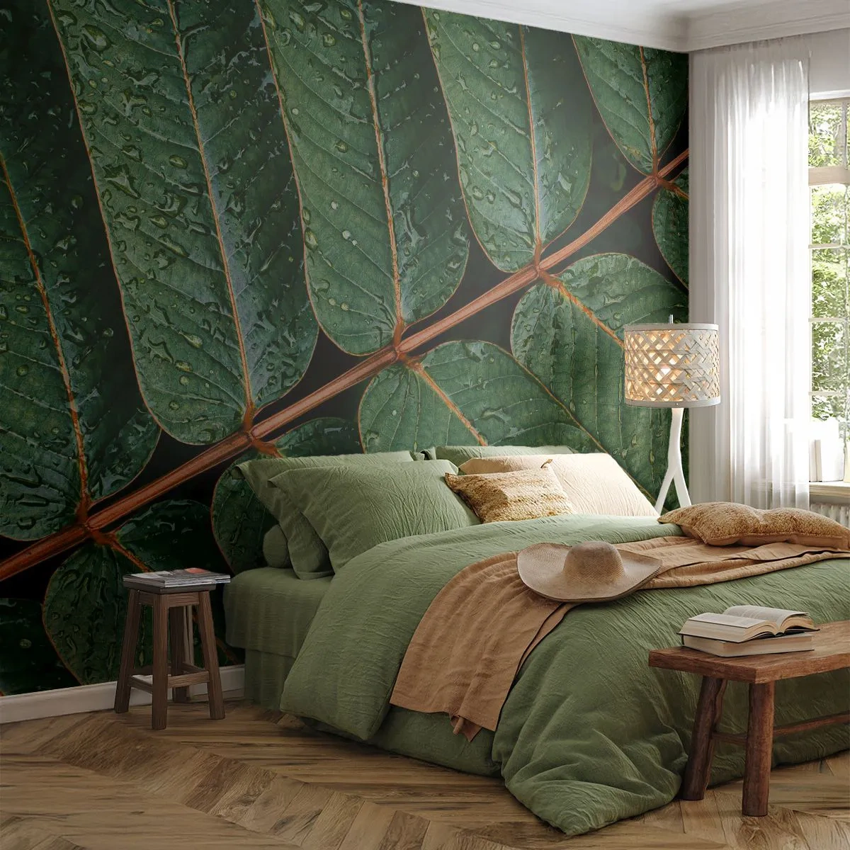 Fotomural Autadhesivo Deluxe Sticker - En un ritmo verde - Hojas verdes, planta tropical, Pedazo - 200x140 cm