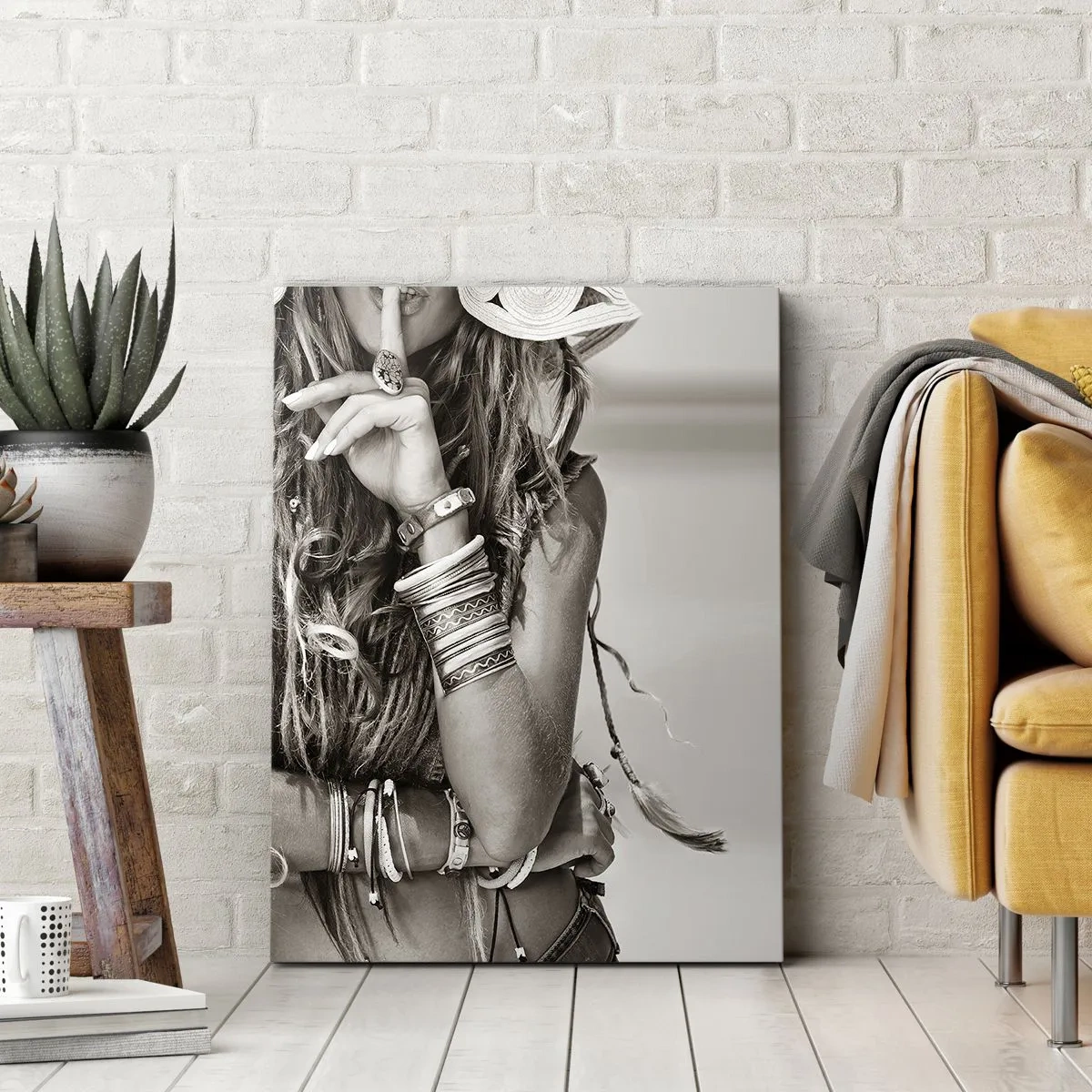 Cuadro sobre lienzo - Impresión de Imagen - Retrato de una mujer boho con joyas. - 50x70cm - Libertad natural - Decoración de pared moderna para salón y dormitorio ARTTOR