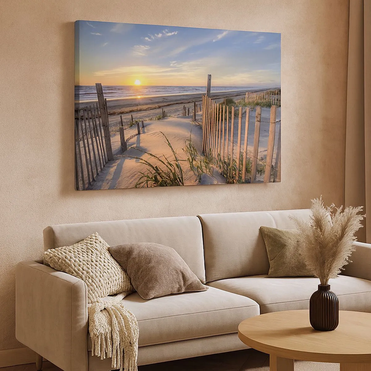 Cuadro sobre lienzo - Impresión de Imagen - Playa al atardecer con valla de madera - 70x50cm - El resplandor y la sombra del viento - Decoración de pared moderna para salón y dormitorio ARTTOR