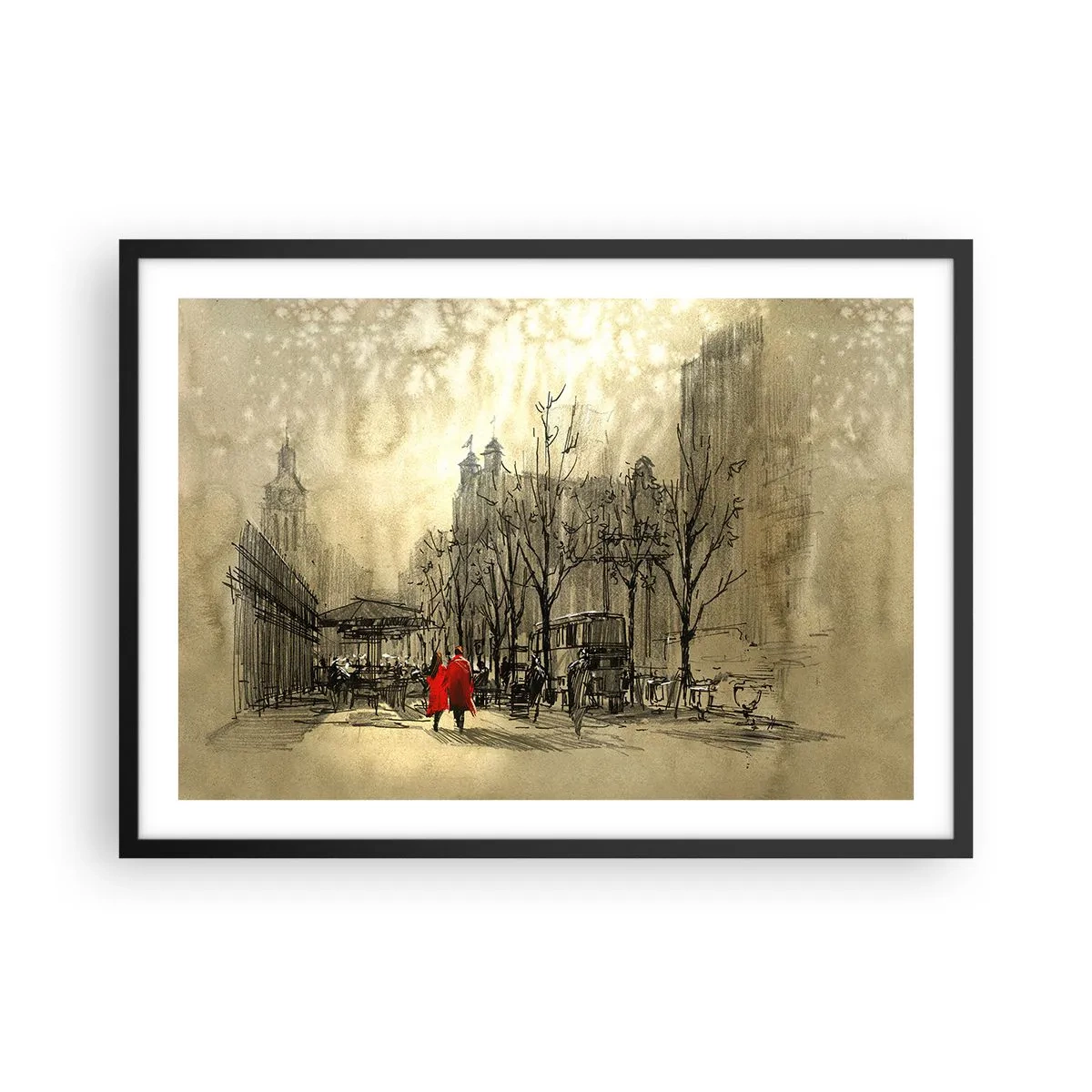 Póster en marco negro - Una figura roja en un entorno urbano nostálgico - 70x50cm - Cita en la niebla de Londres - Decoración de pared moderna para salón y dormitorio ARTTOR