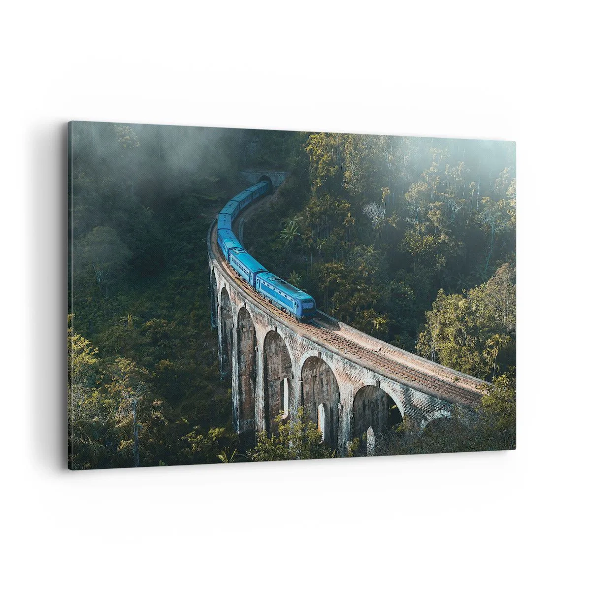 Cuadro sobre lienzo - Impresión de Imagen - Un tren azul en un viaducto histórico entre los bosques. - 100x70cm - Vías sobre la naturaleza - Decoración de pared moderna para salón y dormitorio ARTTOR