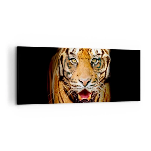 Cuadro sobre lienzo - Impresión de Imagen - Un tigre con la boca abierta sobre un fondo negro. - 120x50cm - Salvaje de corazón - Decoración de pared moderna para salón y dormitorio ARTTOR