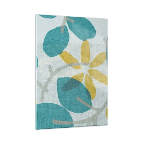 Cuadro sobre vidrio - Impresiones sobre Vidrio - Un gráfico de planta con hojas azules y flores amarillas. - 50x70cm - Entre hojas azules - Decoración de pared moderna para salón y dormitorio ARTTOR