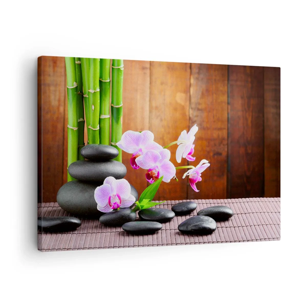 Cuadro sobre lienzo - Impresión de Imagen - Bambú de estilo zen, piedras y orquídeas rosas sobre un fondo de madera. - 70x50cm - Experimente los placeres de Oriente - Decoración de pared moderna para salón y dormitorio ARTTOR