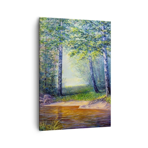 Cuadro sobre lienzo - Impresión de Imagen - Un arroyo forestal rodeado de abedules y sol. - 50x70cm - Paisaje idílico - Decoración de pared moderna para salón y dormitorio ARTTOR