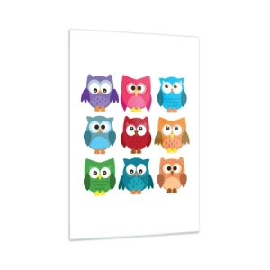 Cuadro sobre vidrio - Impresiones sobre Vidrio - Ilustraciones coloridas de búhos en estilo infantil. - 70x100cm - Es divertido ser diferente - Decoración de pared moderna para salón y dormitorio ARTTOR
