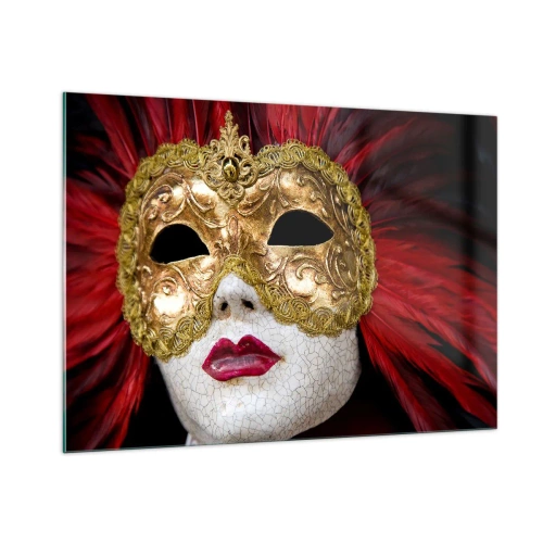 Cuadro sobre vidrio - Impresiones sobre Vidrio - Máscara de carnaval dorada con plumas rojas. - 100x70cm - Promesa de aventura carnavalesca - Decoración de pared moderna para salón y dormitorio ARTTOR