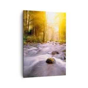 Cuadro sobre lienzo - Impresión de Imagen - Un arroyo forestal iluminado por los rayos del sol. - 50x70cm - Malaquita en un marco de plata y oro - Decoración de pared moderna para salón y dormitorio ARTTOR