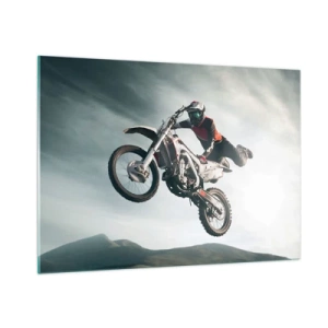 Cuadro sobre vidrio - Impresiones sobre Vidrio - Un motociclista realiza acrobacias en el aire con montañas al fondo. - 100x70cm - No hay diversión sin riesgo - Decoración de pared moderna para salón y dormitorio ARTTOR