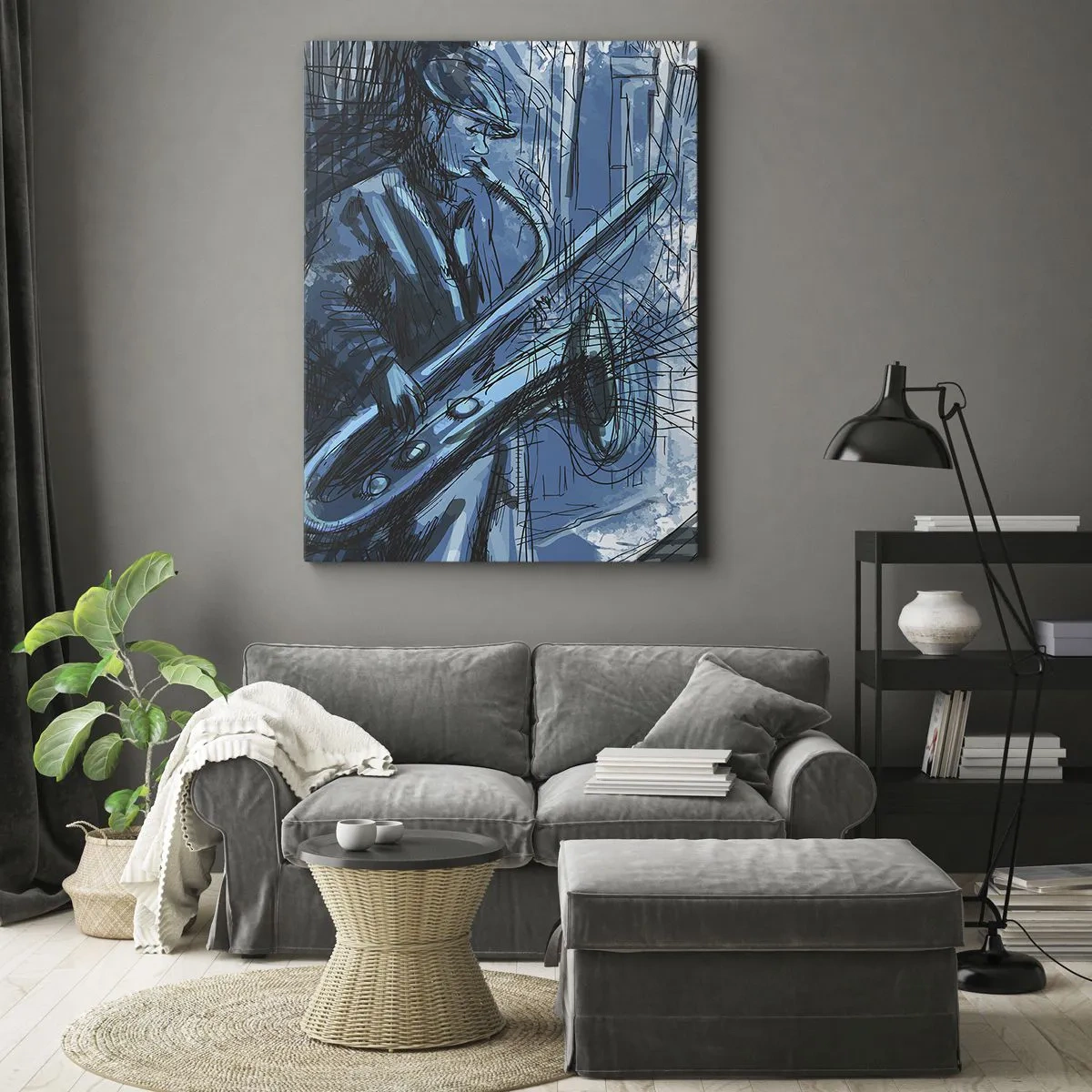 Cuadro sobre lienzo - Impresión de Imagen - Una figura tocando el saxofón con una ciudad como telón de fondo. - 50x70cm - Rapsodia urbana - Decoración de pared moderna para salón y dormitorio ARTTOR