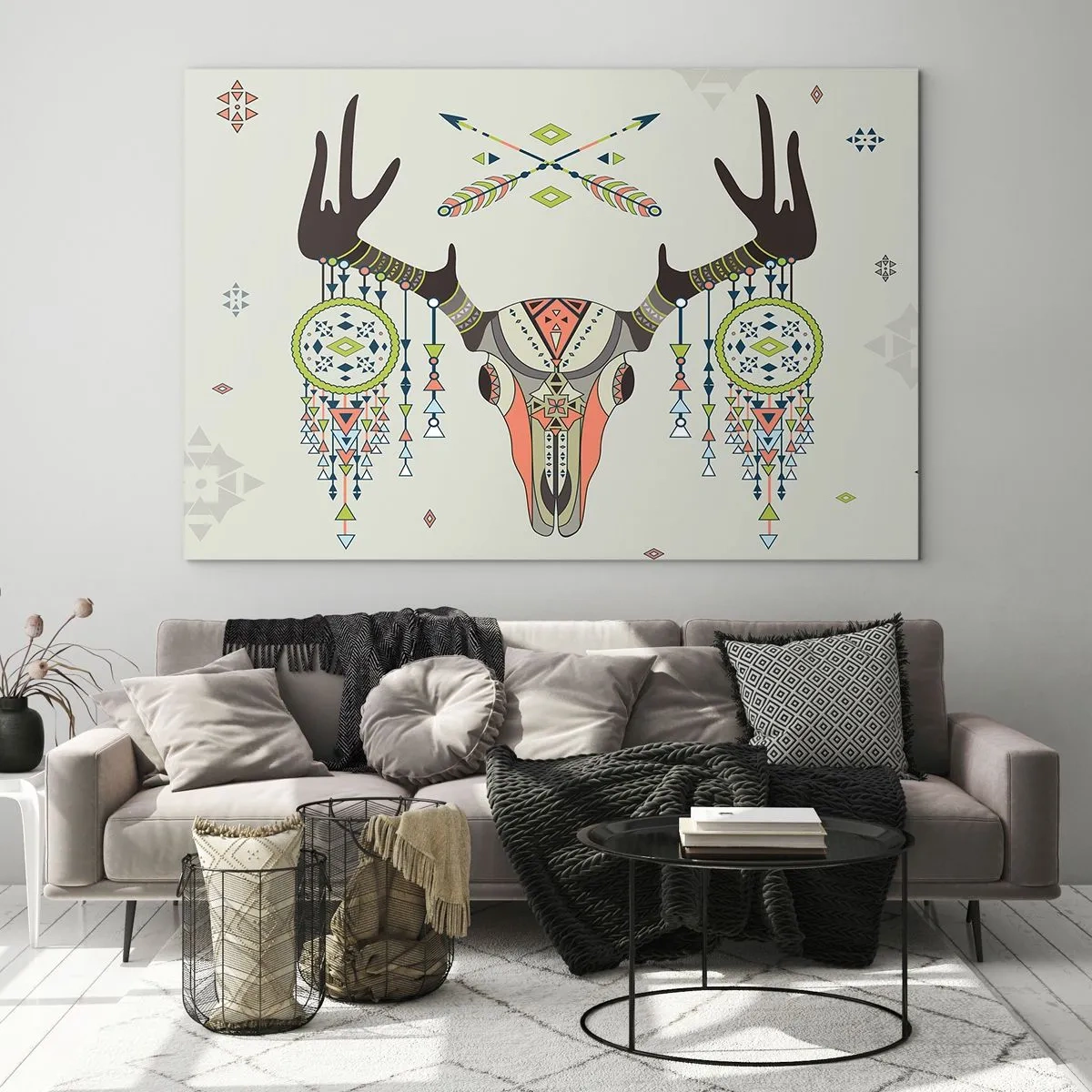 Cuadro sobre vidrio - Impresiones sobre Vidrio - Cuernos simbólicos y patrones nativos americanos sobre un fondo claro - 120x80cm - Trofeo de cazador indio - Decoración de pared moderna para salón y dormitorio ARTTOR