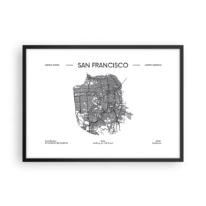 Póster en marco negro - Un mapa de San Francisco en un estilo minimalista en blanco y negro. - 70x50cm - Anatomía de San Francisco - Decoración de pared moderna para salón y dormitorio ARTTOR