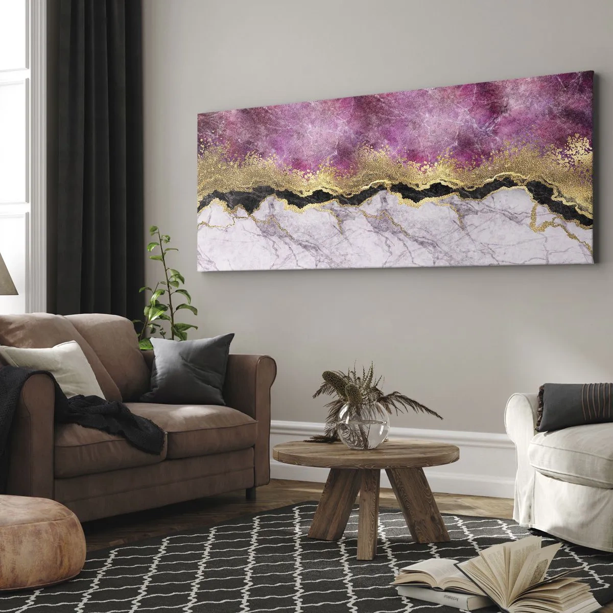 Cuadro sobre lienzo - Impresión de Imagen - Mármol abstracto en tonos rosa con acentos dorados. - 120x50cm - En la frontera - Decoración de pared moderna para salón y dormitorio ARTTOR