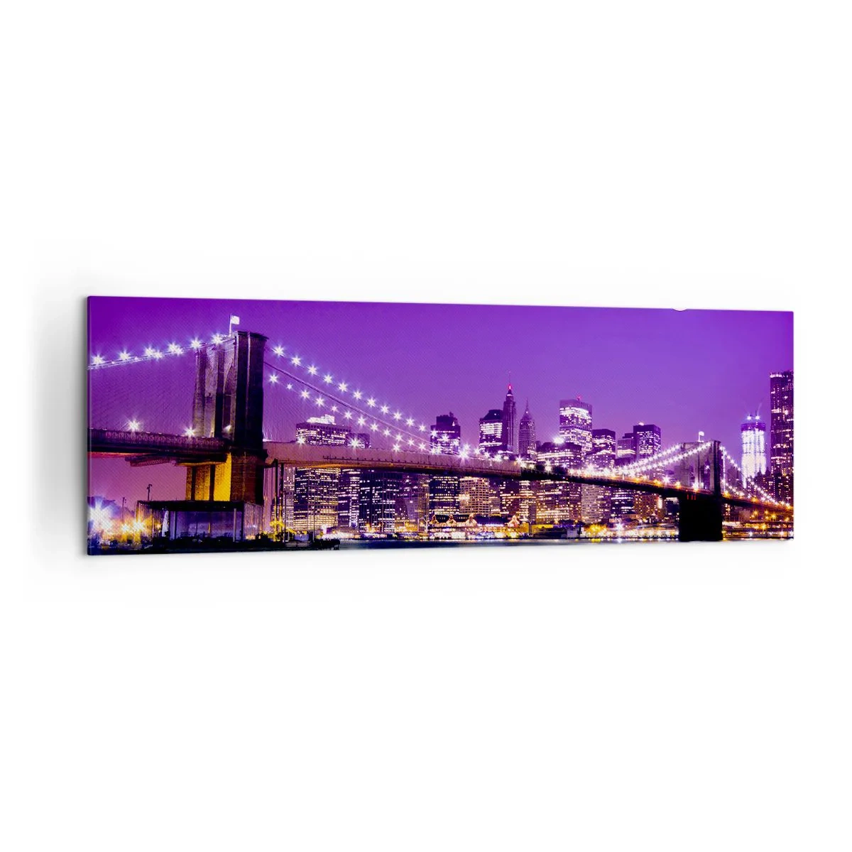 Cuadro sobre lienzo - Impresión de Imagen - Puente de Brooklyn de noche con la ciudad iluminada y luna llena - 160x50cm - Las luces de una gran ciudad en púrpura - Decoración de pared moderna para salón y dormitorio ARTTOR